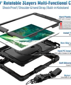 Timecity iPad 6th/5th Generation Case, iPad 9.7 inch Case 2018/2017 with Screen Protector, 360 Rotating Stand/Hand Strap, Full-Body Protective Case for iPad 6th/5th Gen/Air 2/ Pro 9.7''-Black Black+ Black 30 71JWe7HbC7L