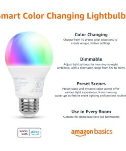 Amazon Basics - Smart A19 LED Light Bulb, 2.4 GHz Wi-Fi, 7.5W (Equivalent to 60W) 800LM, Works with Alexa Only, 1-Pack, Certified for Humans, Multicolor Color Changing 1 Pack 17 71JYjMkRdL