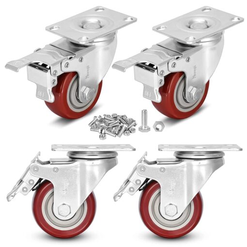 3 inch Heavy Duty Casters Load 1500lbs,Lockable Bearing Caster Wheels with Brakes,Swivel Casters for Furniture and Workbench，Set of 4 (Free screws)