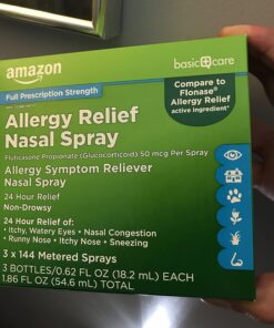 Amazon Basic Care 24-Hour Allergy Relief Nasal Spray, Fluticasone Propionate (Glucocorticoid) 50 mcg, Full Prescription Strength, Non-Drowsy, 0.62 Fl Oz (3 Pack) 0.62 Fl Oz (Pack of 3) 24 71JnFl8QfpL