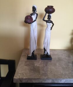 Deco 79 Polystone Woman Standing African Sculpture with Red Water Pots and Black Base, Set of 2 16"H, 4"W, Cream 45 71JsEiBGQML