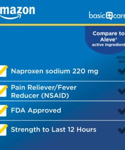 Amazon Basic Care Naproxen Sodium Tablets 220 mg, Pain Reliever/Fever Reducer (NSAID), Muscular Aches, Backache, Headache, Toothache, Minor Arthritis Pain Relief and More, 300 Count Pain Reliever/Fever Reliever 300 Count (Pack of 1) 16 71K0BYZO2lL