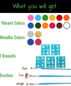 Mosaiz Facepaints Makeup Palette, Facepaint and Body Paint Set, Makeup Kit for Kids Party and Purim Costumes, Make up for Kids and Adults Professional, 18 Colors, 4 Metallic, 3 Brushes 30 Stencils 22 71K35fuPAqS
