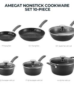 Induction Cookware Set, Pots and Pans Set 10-Piece, AMEGAT Nonstick Pan Set with Lids, Stay-Cool Silicone Handles, Frying Pans, Saucepans & Pot, for All Stoves 16 71K7hbtKdXL