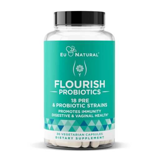 Flourish Probiotics + Prebiotics for Women – Gut and Digestion, Urinary Tract, Reduce Bloating, Vaginal Health – 18 Clinically Proven Strains, 14 Billion CFU – 30 Shelf-Stable Mini Vegan Capsules