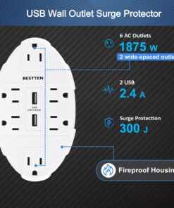 BESTTEN USB Wall Outlet Surge Protector with 2.4A Dual USB Charging Ports and 6 Grounded Outlets, 15A/125V/1875W, ETL Listed, White 1 21 71KCgLmIqwL