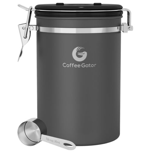 Coffee Gator Stainless Steel Canister - Large 22oz, Gray Coffee Grounds and Beans Container with Date-Tracker, CO2-Release Valve, and Measuring Scoop - Ideal Coffee Lovers Gifts for Her