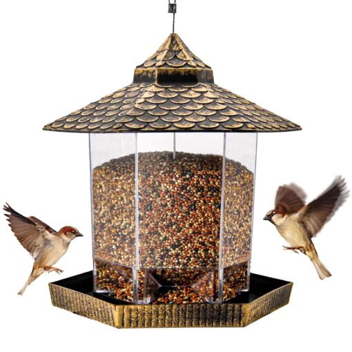 Twinkle Star Wild Bird Feeder Hanging for Garden Yard Outside Decoration, Hexagon Shaped with Roof *Bronze