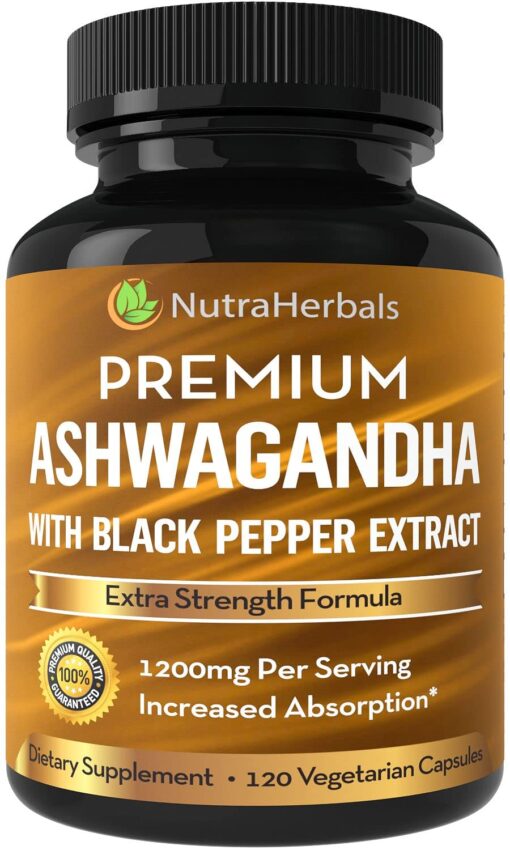 NUTRAHERBALS Ashwagandha Supplement Made with Premium Ashwaganda Root Powder 1200mg with Black Pepper Extract for Increased Absorption - 120 Vegi Capsules