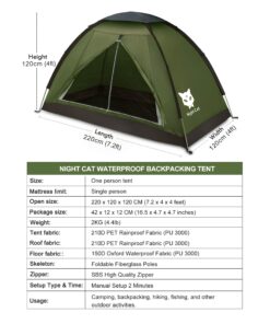 Night Cat Backpacking Tent for One 1 to 2 Persons Lightweight Waterproof Camping Hiking Tent for Adults Kids Scouts Easy Setup Single Layer 2.2x1.2m Army Green 1 Person (4ft Width) 22 71KVwXUZb7L