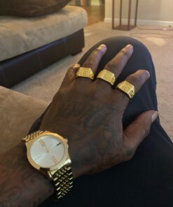 Halukakah Mens Gold Ring Diamond 3PCs Set,18K Real Gold/Platinum Filled Kanji Rich/Luck/Wealth Lab Diamonds Prong Set Size Adjustable,Gift for Men Gold Plated 3 Rings Set 37 71Kh2mU4GNL