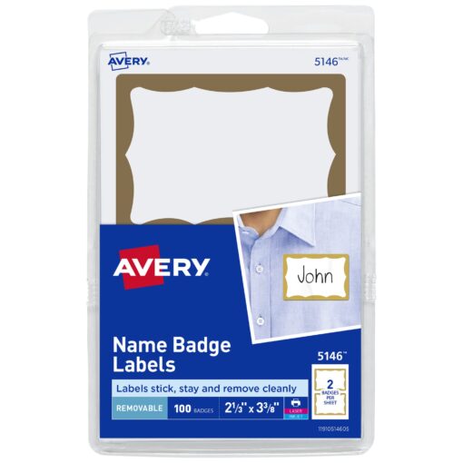 Avery Personalized Name Tags, Print or Write, Gold Border, 2-11/32" x 3-3/8", 100 Adhesive Tags (5146) 1 Pack