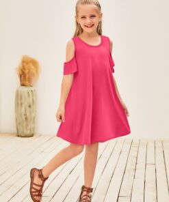 GRAPENT Girls Cold Shoulder Ruffled Short Sleeve Casual Loose Tunic Shirt Dress 8-9 Years Rose 10 71KrIJ8qRZL