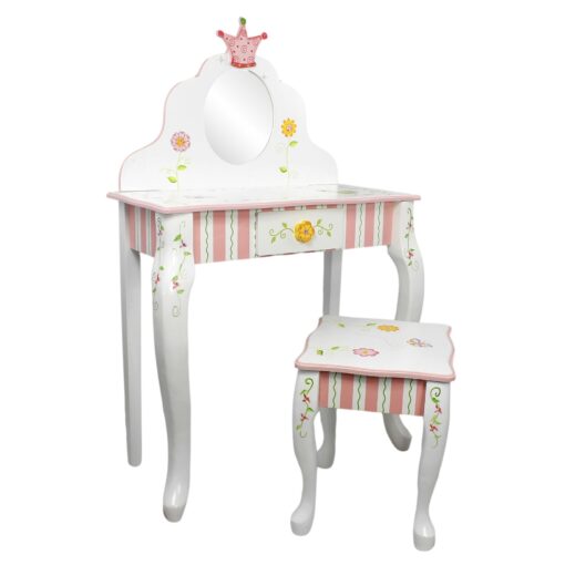 Fantasy Fields - Princess & Frog Kids Vanity Table and Stool Set , 1 drawer, Gift for Kids, White Pink, Crown