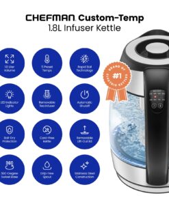 Chefman Electric Kettle with Temperature Control, 5 Presets LED Indicator Lights, Removable Tea Infuser, Glass Tea Kettle & Hot Water Boiler, 360° Swivel Base, BPA Free, Stainless Steel, 1.8 Liters 1.8L - Temperature Control 25 71L1SAZ58YL 1