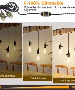 Alternative view of Vintage Pendant Light Kit Cord with Dimming Switch and Triple E26/E27 Industrial Light Socket Lamp Holder 25FT Twisted Black Cloth Bulb Cord Plug in Hanging Light Fixture