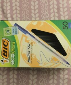 BIC Ecolutions Round Stic Ballpoint Pens, Medium Point (1.0mm), 50-Count Pack, Blue Ink Pens Made from 97% Recycled Plastic 50 Count (Pack of 1) 28 71LJPfCdltL