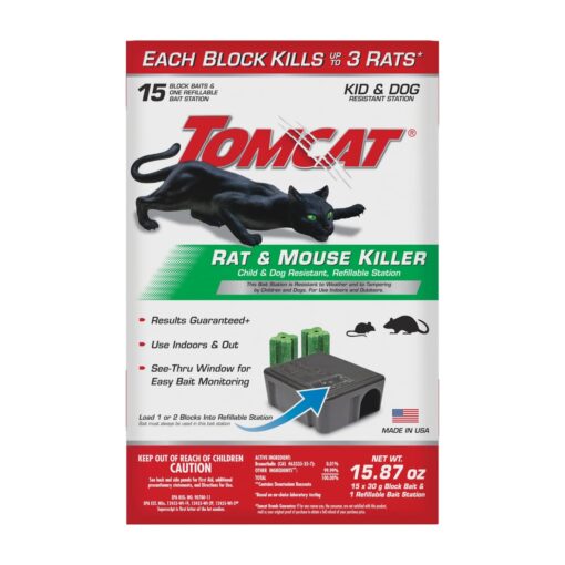 Tomcat Rat & Mouse Killer Child & Dog Resistant, Refillable Station for Indoor and Outdoor, 1 Station and 15 Poison Refills 1 Station (15 Bait Blocks) Bait Station/Blocks