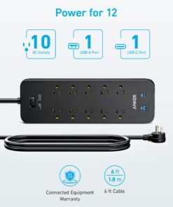 Alternative view of Power Strip Surge Protector(2100J),Anker 6Ft/1.8m Extension Cord with 10 Outlets and 2 USB Ports,for iPhone 15/15 Plus/15 Pro/15 Pro Max,Flag Plug,Wall Mount Holes for Home,Office,ETL Listed, Black