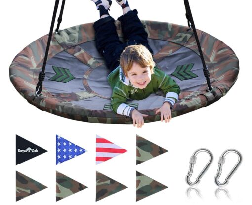 Royal Oak Saucer Tree Swing,Giant 40 Inches with Carabiners and Flags, 700 lb Weight Capacity, Steel Frame, Waterproof, Easy to Install with Step by Step Instructions, Non-Stop Fun! (Camo Green) Camo Green