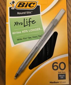 BIC Round Stic Xtra Life Ballpoint Pens, Medium Point (1.0mm), Black, 60-Count Pack, Flexible Round Barrel For Writing Comfort (GSM609-BLK) 60 Count (Pack of 1) 37 71LVSflOvRL