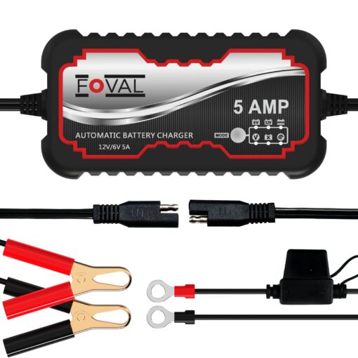 FOVAL 5A Smart Car Battery Charger, 6V and 12V Battery Charger Automotive, Battery Maintainer, Trickle Charger for Motorcycle, Float Charger for Cars, Trucks, SUVs, Boat, Lawn Mower, RV, ATV