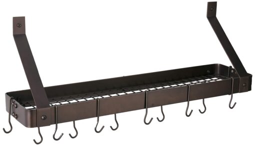 Old Dutch Wall-Mount Bookshelf Pot Rack with Grid & 12 Hooks, Oiled Bronze, 36.25" x 9" x 11.5"