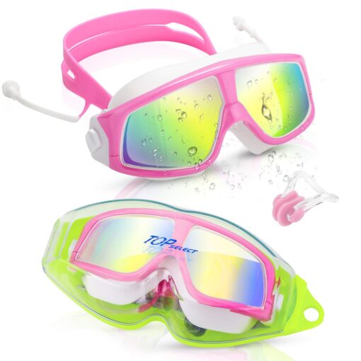 Kids Swimming Goggle Waterproof Clear Vision Anti Fog UV Protection No Leak Soft Silicone Frame and Strap and earplugs Pink White