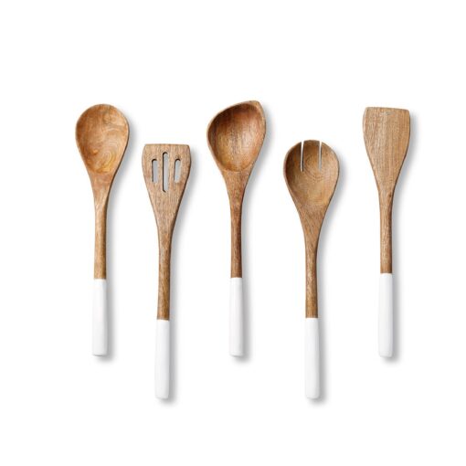 Folkulture Wooden Spoons for Cooking Set for Kitchen, Non Stick Cookware Tools or Utensils Includes Wooden Spoon, Spatula, Fork, Slotted Turner, Corner Spoon, Set of 5, 12 Inch, Acacia Wood (White) White