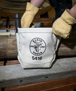 Klein Tools 5416 Tool Pouch, Small Tool Bag for Bolt Storage with Bull Pin Loops and Belt Strap Connect, 5 x 10 x 9-Inch 1 Count (Pack of 1) 9 71LgijTtyVS