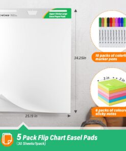 Alternative view of CREGEAR Easel Paper Pad, Sticky Flip Chart Paper 25 x 30 Inches, Large Easel Papers for Teachers, 30 Sheets/Pad, Easel Paper Pad for White Board with 10 Colorful Markers 6 Sticky Note Pads 5 Pack (25 x 30 Inches 5PACK)