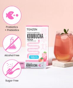 Teazen Kombucha Tea, Zero Sugar, Sparkling Fermented Powdered Mix Beverage from Korea, Live Probiotics & Prebiotics, 10 Sticks, 1.76oz (Peach) Peach 10 71Lqvc6WvLL