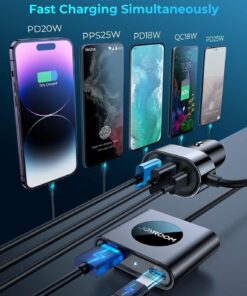 5-in-1 Multi Port USB C Car Charger, 78W iPhone Car Charger Fast Charging for Multiple Devices, Car Cigarette Lighter USB Charger with Fast 5FT Cable for iPhone15/Samsung/iPad Pro/MacBook Air/Pro 19 71LsygJs6aL