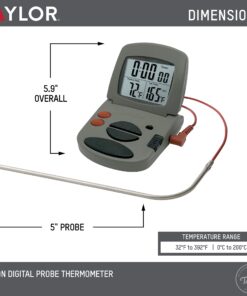 Alternative view of Taylor Programmable with Timer Instant Read Wired Probe Digital, Meat, Food, Grill BBQ Cooking Kitchen Thermometer with Timer, Gray 1470
