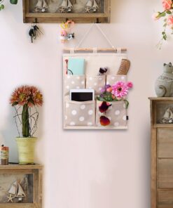 Homecube Linen Cotton Fabric Wall Door Cloth Hanging Storage Bag Case 5 Pocket Home Organizer (White Polka Dots) White 17 71M CfcU3aL