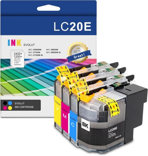 LC20E High Yield Ink Cartridge (4-Pack, 1BK/1C/1M/1Y) - Eout Compatible LC20EBK LC20EC LC20EM LC20EY Ink Cartridge Replacement for Brother LC20E MFC-J5920DW MFC-J985DW MFC-J985DWXL Printer