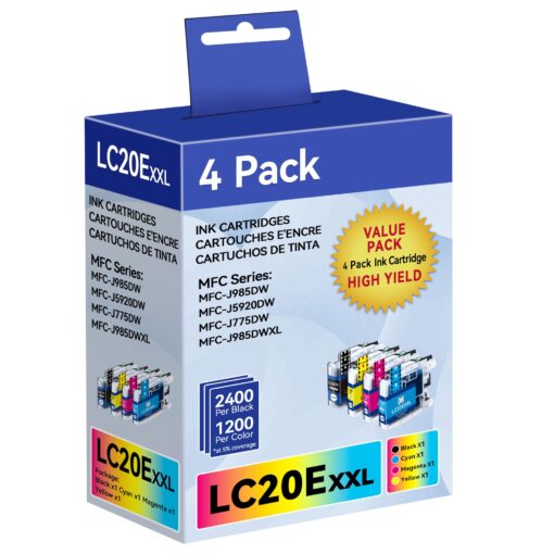 LC20E 4PK Super High Yield XXL Ink Compatible for Brother LC20E LC20EXXL Ink Cartridges use with Brother MFC-J775DW MFC-J775DW XL, MFC-J5920DW MFC-J5920DW XL, MFC-J985DW MFC-J985DW XL Printer