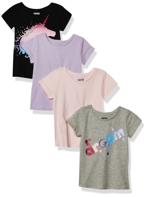 Amazon Essentials Girls and Toddlers' Short-Sleeve T-Shirt Tops (Previously Spotted Zebra), Multipacks 4 Black Unicorn/Grey Text Print/Light Pink/Lilac X-Small