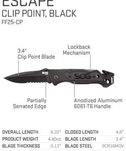 SOG Escape Tactical Folding Knife- 3.4 Inch Serrated Edge Blade Emergency Pocket Knife with Glass Breaker, Wire Stripper and Line Cutter Blades-Black (FF25-CP) Escape - Hardcased Black 24 71M56QsQHNL