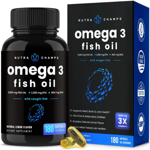 Omega 3 Fish Oil Supplements 3600mg with EPA & DHA | High Potency Omega 3 Supplement to Support Heart, Brain, Joints, Skin, Eyes & Immune Health | 180 Natural Lemon Burpless Fish Oil Capsules