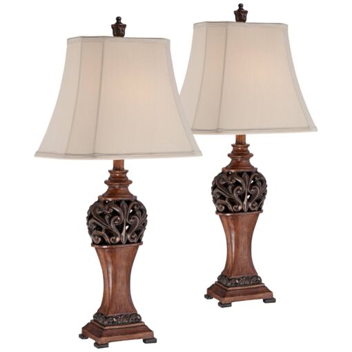 Regency Hill Exeter Traditional Style Table Lamps 30" Tall Full Size Set of 2 Bronze Wood Carved Leaf Creme Rectangular Bell Shade Decor for Living Room Bedroom House Bedside Nightstand Office