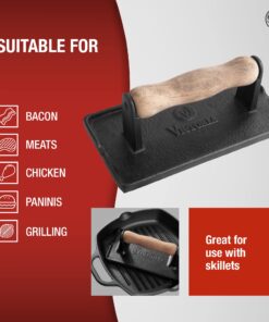 Victoria Rectangular Cast Iron Meat Press with a Wooden Handle, Preseasoned with Flaxseed Oil, Made in Colombia 8.3 x 4.4 Inch 25 71M8OJhZ0EL