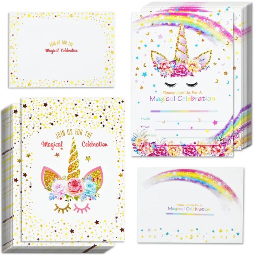 T-Antrix 24 Pcs Unicorn Invitations with 24 Envelopes, Double Sided Rainbow Glitter Unicorn Birthday Party Invitation Cards for Kids Birthday Baby Shower Unicorn Party Supplies