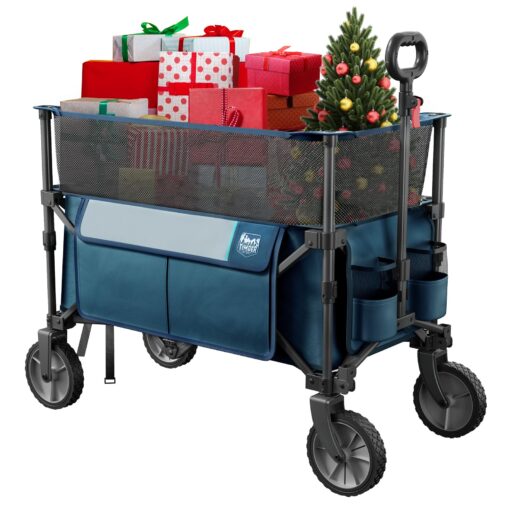 TIMBER RIDGE 8 Cu.Ft. Extra Large Collapsible Folding Wagon Carts, Heavy Duty Outdoor Camping Utility Wagons with Extended Height, Adjustable Handle, Cup Holders(Navy) Blue