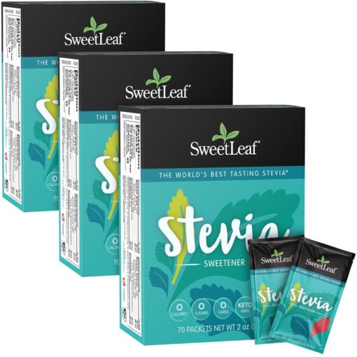 SweetLeaf Stevia Packets - Zero Calorie Natural Stevia Powder, No Bitter Aftertaste, Sugar Substitute for Keto Coffee, Nothing Artificial, Non-GMO Stevia Sweetener Packets, 70 Count (Pack of 3) 2 Ounce (Pack of 3)