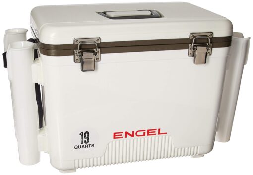 Engel UC19 19qt Leak-Proof, Air Tight, Fishing Drybox Cooler with Built-in Fishing Rod Holders, Also Makes The Perfect Small Hard Shell Lunchbox for Men and Women White