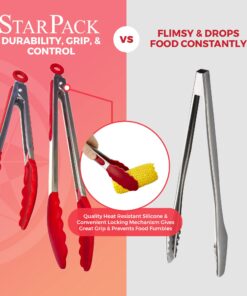Alternative view of StarPack Basics Silicone Kitchen Tongs (9-Inch & 12-Inch) - Stainless Steel with Non-Stick Silicone Tips, High Heat Resistant to 480°F, For Cooking, Serving, Grill, BBQ & Salad (Cherry Red) Basic (Heat Resistant 480°F) Cherry Red
