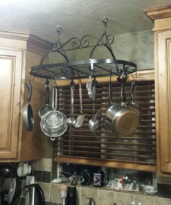 MyGift Black Scrollwork Metal Pot and Pan Ceiling Hanging Rack Heavy Duty Cooking Pans and Utensil Hanger with 10 Dual Hooks 26 71MfInw6srL