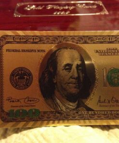 Deck of 24k Gold Foil Plating Poker Plastic Playing Cards with Mahogany Wood Box Includes Certificate of Authenticity Double Sided Color Printed Rendered Etching $100 Benjamin Franklin Logo Design 26 71MfsG1CtHL