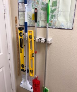 New Version 4pcs Self Adhesive Broom Holder with Gripper and 2 Hooks, Damage Free Broom Mop Holder, No Drill Anti-Slip Wall Mount Broom Gripper Organizer for Bathroom Kitchen Garden Garage 25 71MfwDviSvL